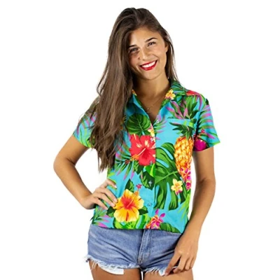 Abbildung von King Kameha Funky Hawaii Bluse Hemd, Damen, Kurzarm, Pineapple, Türkis, M