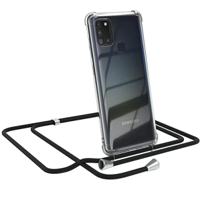 Abbildung von EAZY CASE Handykette kompatibel mit Samsung Galaxy A21s Handyhülle Umhängeband, Handykordel Schutzhülle, Silikonhülle, Hülle Band, Stylische Kette für Smartphone, Schwarz