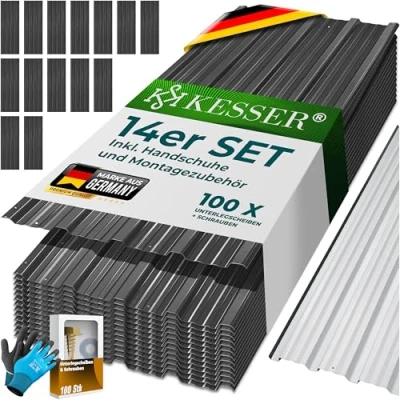 Abbildung von KESSER® 14x Profilblech Trapezblech 110cm x 46cm = 7 m² Dachblech für Gerätehaus, Dachplatten Verzinkter Stahl 0,25mm, inkl. 100 Schrauben + Unterlegescheiben &amp; Montagehandschuhe, Anthrazit