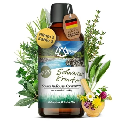 Abbildung von NORDHOLZ® Saunaaufguss [54 Sorten 15ml, 100ml, 250ml] Sauna Aufgussmittel für intensive &amp; erholsame Zubehör (#20 Schweizer Kräuter, 100ml)