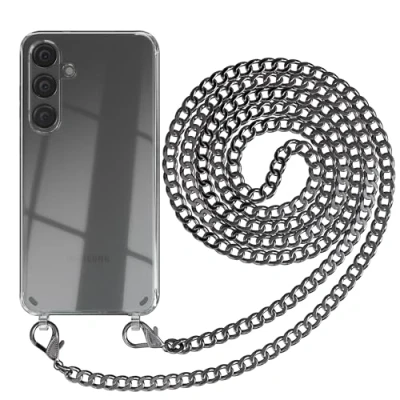 Abbildung von EAZY CASE Handykette kompatibel mit Samsung Galaxy S24 Plus Handyhülle Metall Umhängeband und Ersatz Kordel schwarz, Handykordel Schutzhülle, Kette Smartphone Hülle, Anthrazit
