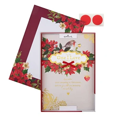 Abbildung von Hallmark Weihnachtskarte mit Aufschrift I Love (in englischer Sprache), traditionelles Rotkehlchen und Blatt Design