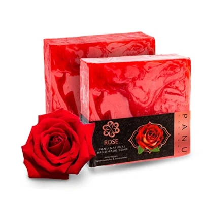 Abbildung von Panu Seifen Rose Vegane Duschseife für alle Hauttypen Naturseife als festes Duschgel und Shampoo Premium Soap Bar Natürlicher Duschbrocken