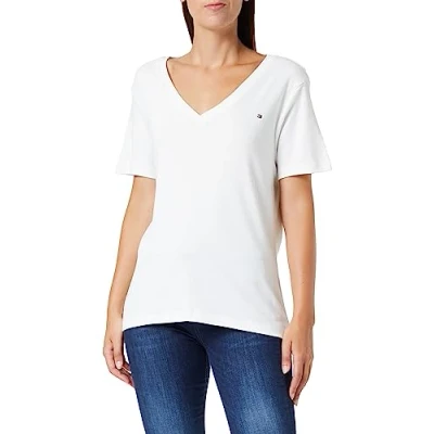 Abbildung von Tommy Hilfiger Damen T Shirt Kurzarm Slim Cody Rib V Ausschnitt, Weiß (Ecru), 52