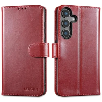 Abbildung von LENSUN Lederhülle für Samsung Galaxy S25 Plus, Handyhülle Echtes Leder [RFID Schutz] [Magnetverschluss] Echtleder Hülle Handytasche S25+ 5G Weinrot