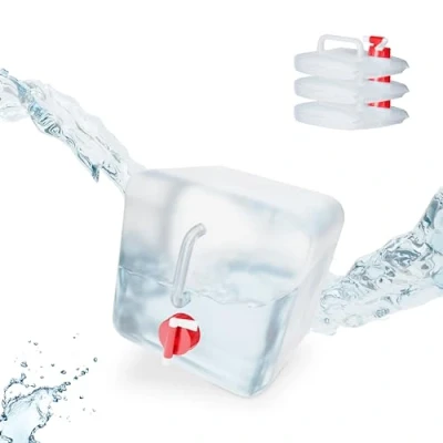 Abbildung von Relaxdays Faltkanister 4er Set, 5 l, Hahn, Schraubdeckel, Tragegriff, Wasserkanister Camping, BPA frei, transparent/rot