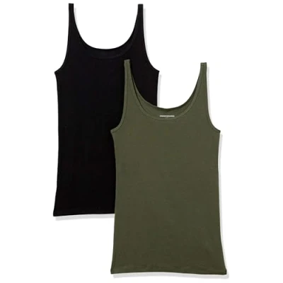 Abbildung von Amazon Essentials Damen Schmal geschnittenes Tanktop mit dünnem Trägern, 2er Pack, Olivgrün/Schwarz, XS