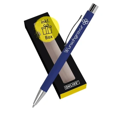 Abbildung von Online Personalisierter Kugelschreiber mit Gravur Soft Metal Classic Blue in Geschenkbox I Softtouch Feeling auswechselbare Großraum Mine Schreibfarbe schwarz Aluminium persönliches Geschenk