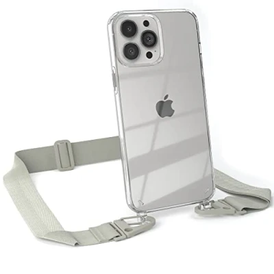 Abbildung von EAZY CASE Hülle mit Band kompatibel iPhone 13 Pro Max Handyhülle Umhängeband für Silikonhülle Transparent Schutzhülle Handykette zum Umhängen Handykordel in Taupe Grau