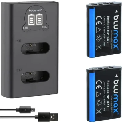 Abbildung von Blumax 2X Akku 1100mAh ersetzt Sony NP BX1 + Slim Dual Ladegerät USB kompatibel mit Cyber Shot DSC RX100, RX100 II, RX100M III, V, IV, HDR CX405 ZV 1