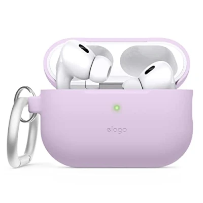Abbildung von elago Silikonhülle Kompatibel mit Apple AirPods Pro 2. Generation Case, Schutzhülle Schlüsselanhänger, Sichtbare Front LED, Unterstützt Drahtloses Aufladen (Violett)