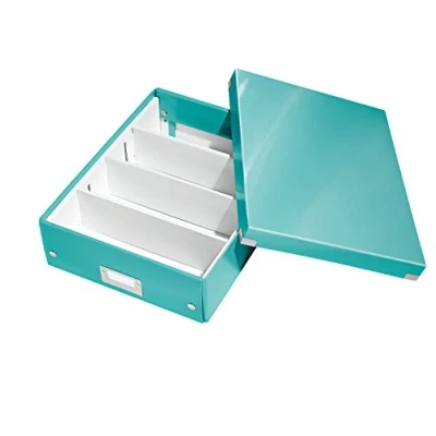 Abbildung von Leitz Click &amp; Store Aufbewahrungsbox mit Deckel Mittel Groß, Box Trennwänden für Zubehör im Büro oder Utensilien Haushalt, Transportbox aus 85 % recycelter Premium Hartpappe, Eisblau, 60580051