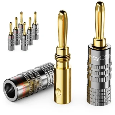 Abbildung von deleyCON 8 Stück Bananenstecker Set Vergoldet Schraubbar für Lautsprecherkabel Boxenkabel 0,75 mm 4,5 &amp; z. B. HiFi Audio Heimkino Receiver Grau