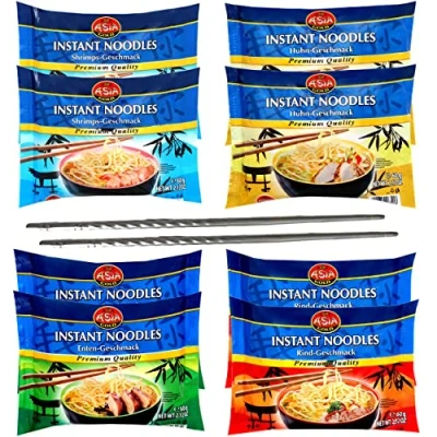 Abbildung von 8er Mix Probier Set Asia Gold Instant Nudeln I je 2x Rind Huhn Shrimp Ente 8x60g Chinesische Ramen Asiatische plus Essstäbchen