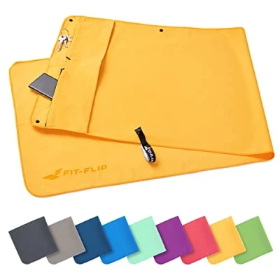 Abbildung von Fit Flip Fitness Handtuch aus Mikrofaser mit Magnet und Reißverschluss Tasche Fitnesshandtuch für Sport Gym Kompakt &amp; Schnelltrocknend Sporthandtuch Fitnessstudio Gelb 130x48cm
