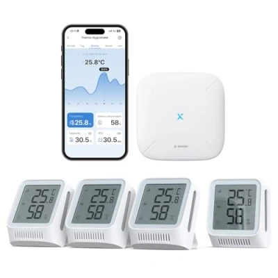 Abbildung von X Sense WLAN Hygrometer Thermometer Innen mit LCD Display, Temperatur und Luftfeuchtigkeitsüberwachung per App, kompatibel Alexa, 4 Sensoren Basisstation SBS50, STH0A41