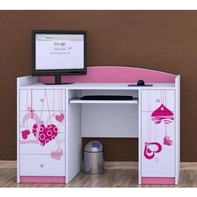 Abbildung von Happy Babies Bürotisch mit Tastaturablage Kinderschreibtisch 125x89x60 PC Schreibtisch Mädchen weiß Rosa Computertisch Muster Herzen