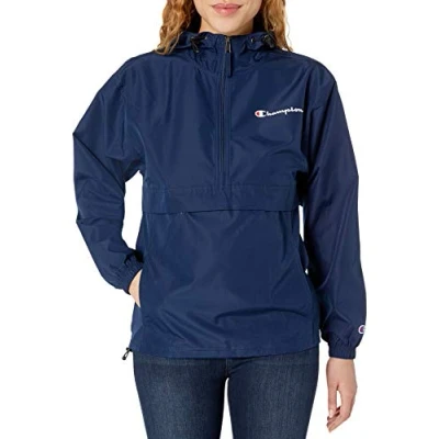 Abbildung von Champion Damen Windbreaker, verstaubare, Wind und Wasserabweisende Jacke, Athletic Navy Small Script, S