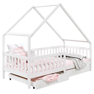 Abbildung von IDIMEX Kinderbett ALVA, Hausbett Montessori 90 x 200 Kiefer 2 Schubladen