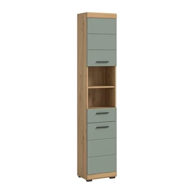 Abbildung von furnling Hochschrank Scott, Badezimmerschrank, 2 Türen, 1 Schublade, offene Fächer, Standschrank Bad, Badmöbel, Salbei/Artisan Eiche