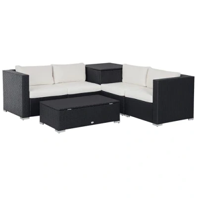 Abbildung von Outsunny 6 TLG. Polyrattan Gartenmöbel Set Sitzgarnitur mit Kissen Sitzgruppe Gartenset Sofagarnitur Lounge Tisch Stauraum Stahl Luxus Schwarz+Creme