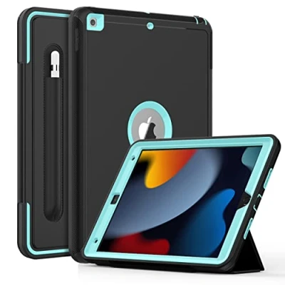 Abbildung von DAORANGE Hülle für iPad 9. 8. 7. Generation(iPad 10,2 Zoll, Modell 2021/2020/2019), Stoßfeste Fallschutz Schutzhülle mit Stifthalter und Auto Schlaf/Wach Ständer (Schwarz+Hellblau)