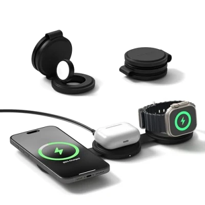 Abbildung von SATECHI OnTheGo 3 in 1 Qi2 Reiseladegerät mit 15W Schnellladung für iPhone, 5W Apple Watch und AirPods, Kabelloses magnetisches MagSafe Ladegerät Schwarz