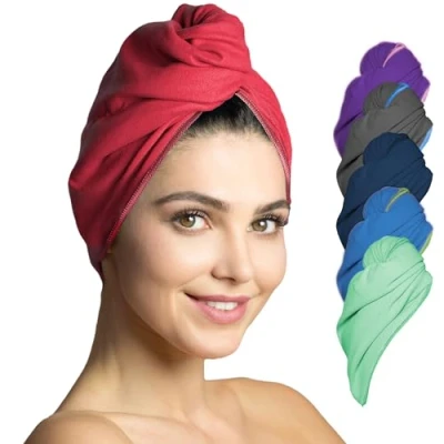 Abbildung von Fit Flip Haarturban Mikrofaser 2 Stück Haarhandtuch mit Knopf schnelltrocknend und saugstark Microfaser Kopf Turban Haar Handtuch (Koralle)