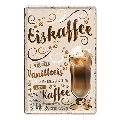 Abbildung von Eiskaffee Blechschild Retro Deko Kaffee Espresso Schild Metallschild zur Dekoration von Küche Kaffeeladen Kaffeehaus American Cafe Diner Bistro Anleitung Rezept zum Selbermixen 20x30cm