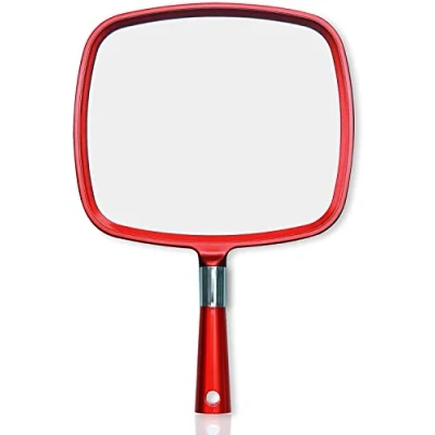 Abbildung von Mirrorvana Handspiegel mit Griff, Spiegel für Friseure und zum Haareschneiden, Friseursalon Frisierspiegel Groß (Rot)