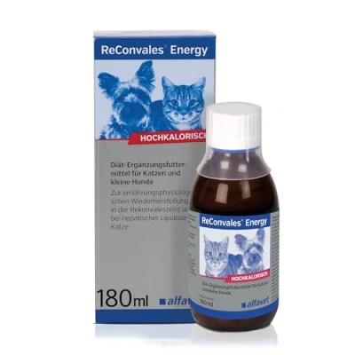 Abbildung von Alfavet ReConvales Energy, in der Rekonvaleszenz, bei Untergewicht und hepatischer Lipidose Katze hochkalorisch, Glasflasche 180ml