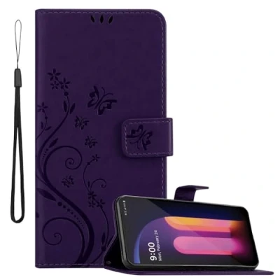 Abbildung von Cadorabo Hülle kompatibel mit LG V60 ThinQ Blumen Design aus Premium Kunst Leder Flip Klappbare Stoßfeste Magnetische [Standfunktion] [Kartenfächern] Cover Case für Tasche in Lila