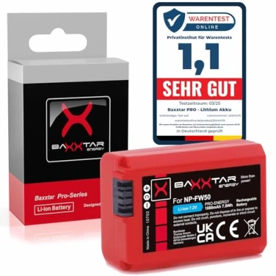 Abbildung von Baxxtar Pro NP FW50 Akku (echte 1080mAh) mit Infochip ZV E10 I Alpha 5000 5100 6000 6100 6300 6400 6500 NEX 3 5 6 7 7II 7R 7RII 7S II III A33 A35 A37 A55 A3000 CyberShot DSC RX10 ..