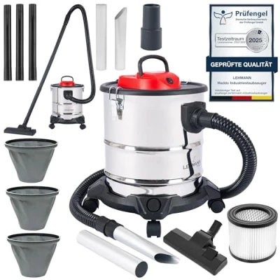 Abbildung von Lehmann Haddo Industriestaubsauger 2000W Aschesauger für Kamin mit Doppelfilteranlage Kaminsauger Ascheschlucker Nass Trockensauger 20 Liter Edelstahltank, Silber