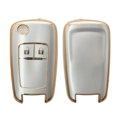 Abbildung von kwmobile Autoschlüssel Hülle kompatibel mit Opel Chevrolet 2 Tasten Klapp Schlüsselhülle Silikon Cover Silber matt Gold
