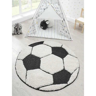 Abbildung von the carpet Lou Weicher Kuscheliger Kinderteppich, Kuschel Flor, Pflegeleicht, Farbecht, Fussball Motiv, Schwarz Creme, 200 cm Rund
