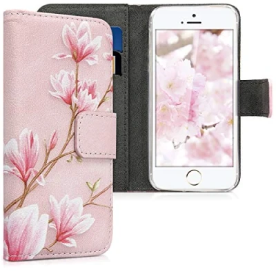 Abbildung von kwmobile Wallet Case kompatibel mit Apple iPhone SE (1.Gen 2016) / 5 5S Hülle Cover Ständer und Kartenfächern Magnolien Rosa Weiß Altrosa