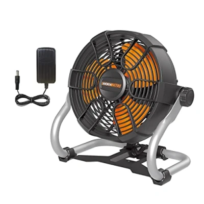 Abbildung von WORX NITRO 20V Akku Baustellenlüfter WX095.9 max. 6 Stunden Betriebszeit 2 Geschwindigkeitsstufen 360 drehbarer Kopf PowerShare kompatibel ohne &amp; Ladegerät mit AC Adapter