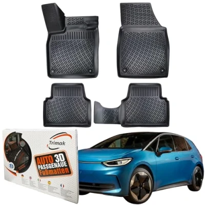 Abbildung von Trimak Passgenau 3D Fussmatten Auto Kompatibel mit Volkswagen ID.3 ab 2019 Zubehör 1. und 2. Reihe Gummimatten Autos TPE Allwetter Geruchlos rutschfest Vorne Hinten Schwarz
