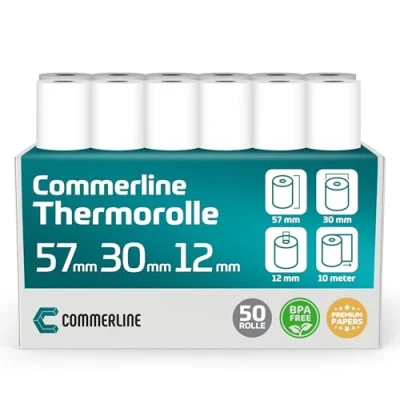 Abbildung von Commerline Thermorollen 57mm x 30mm 12mm, 10 Meter, 50 Rolle, Ec rollen, Bonrollen gerät, Thermopapier, Kassenrollen