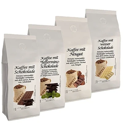 Abbildung von 4 x 500g leckere, cremige, schokoladige Aromakaffee Sorten Kaffee mit Schokolade, Nougat, Pfefferminz Weiße Schokolade (Ganze Bohnen)