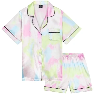 Abbildung von CityComfort Schlafanzug Mädchen Kurz Satin Pyjama Kinder Teenager Weiche Atmungsaktive Sommer Kurzarm Schlafanzüge Loungewear Set (7 8 Jahre, Multi Regenbogen)