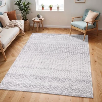 Abbildung von Surya Nice Teppich Wohnzimmer Boho, großer Schlafzimmer 200x274 cm für Esszimmer mit geometrischem Muster, Skandinavischer Wohnzimmerteppich modern in Hellgrau und Weiß