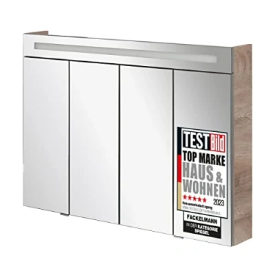 Abbildung von FACKELMANN TWINDY LED Spiegelschrank Eiche Natur, 110 x 79 17 cm, Badschrank mit Falttürentechnik und 3D Effekt Optimal für stilvolle Badezimmer