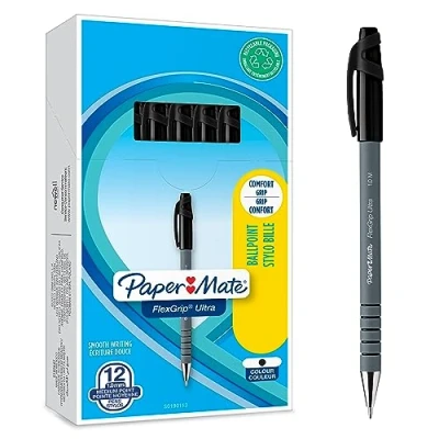 Abbildung von PAPER MATE Flexgrip Ultra Kugelschreiber mit Kappe mittlere Spitze (1,0 mm) schwarz stifte set Schulsachen und bürobedarf 12er Box