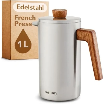 Abbildung von Cosumy French Press Kanne 1L Edelstahl Kaffeekanne, Edelstahlfilter, Ersatzfiltern