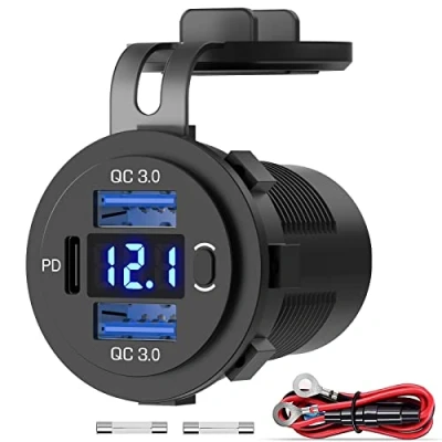 Abbildung von (3 USB 66W) PD C Steckdose 12V Auto: Buchse Einbau Dose Wasserdicht 12 Volt DC Adapter KFZ Stecker mit Schalter LED Voltmeter Anschluss für iPhone Wohnmobil Motorrad Boot LKW Wohnwagen