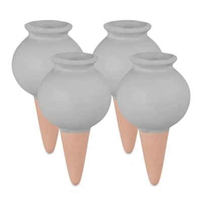 Abbildung von Relaxdays Tonkegel Bewässerung, 4er Set, je 100 ml Volumen, Gießkugel für Zimmerpflanzen &amp; Balkonkästen, grau/terrakotta