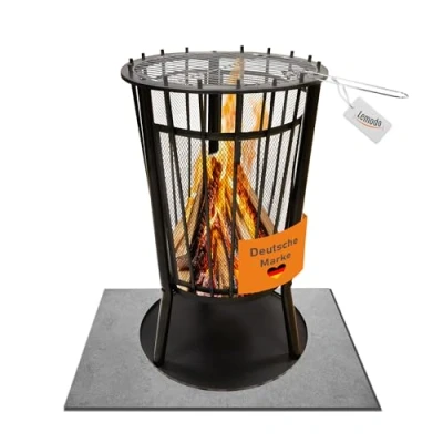 Abbildung von Lemodo Feuerkorb mit Grillgitter Robuste Feuerstelle für Garten &amp; Terrasse, Funkenschutz Ascheauffang, abnehmbares Grillgitter, Outdoor Feuerschale gemütliche Abende
