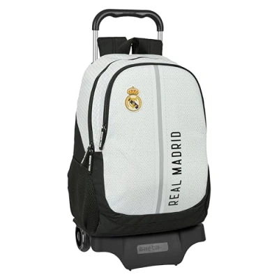 Abbildung von Real Madrid 1. Team 24/25 Schulrucksack mit Rollen, ideal für Kinder verschiedener Altersgruppen, bequem und vielseitig, Qualität Widerstandsfähigkeit, 33 x 15 43 cm, Weiß/Grau,